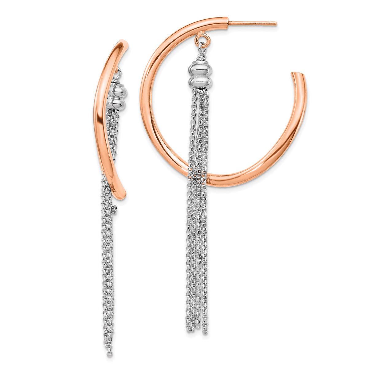 Sterling Silver Hoop Earrings with Rose Gold Tone, Multi-Strand Chain Tassels and Beaded Accents
