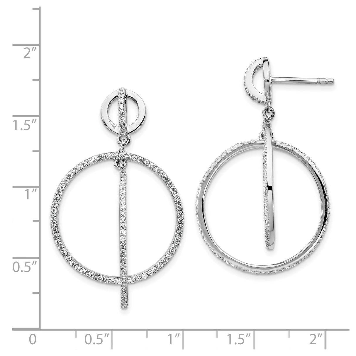 Sterling Silver Dangle Earrings with Cubic Zirconia, Geometric Circle and Bar Design