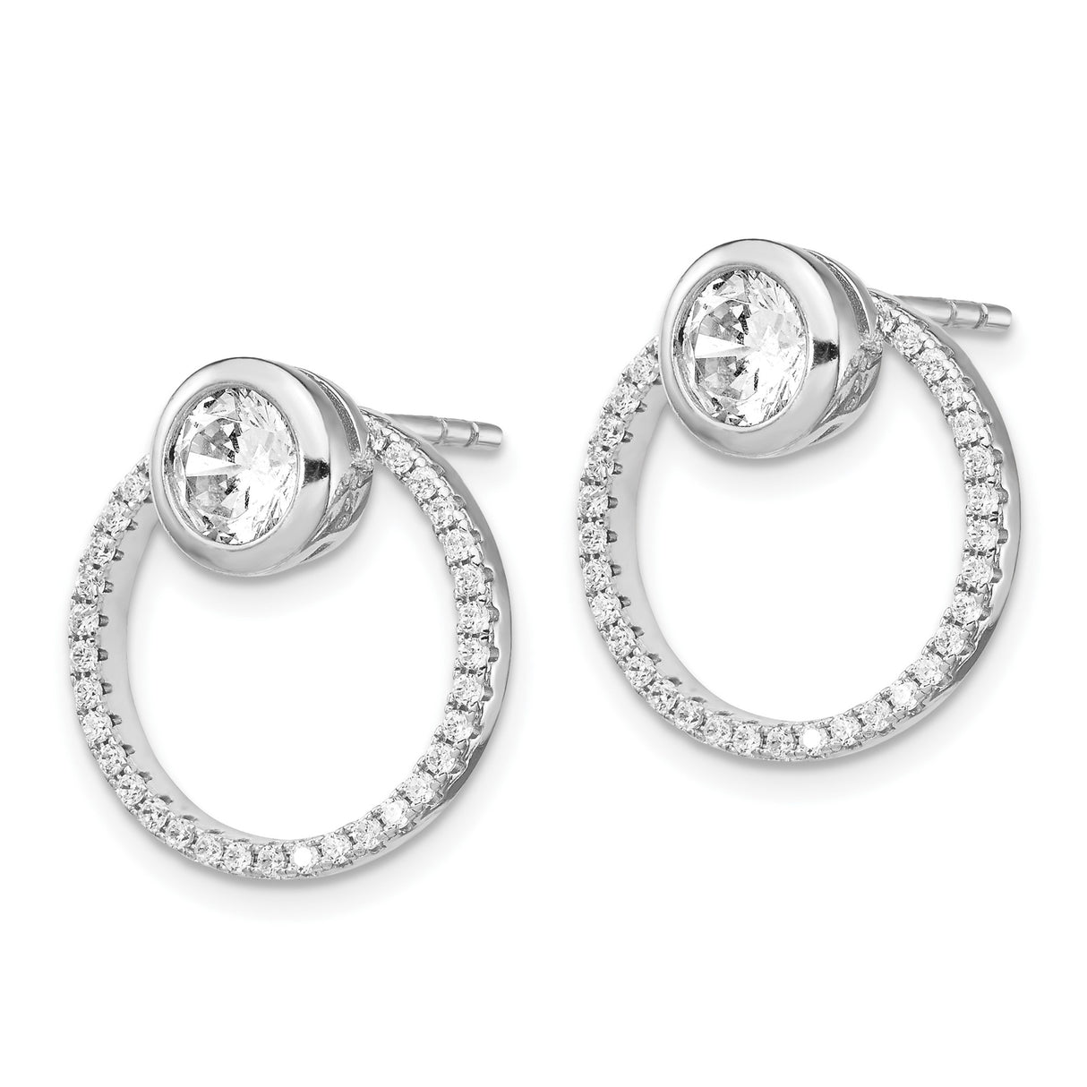 Sterling Silver Circle Stud Earrings with Cubic Zirconia Center and Pavé CZ Design