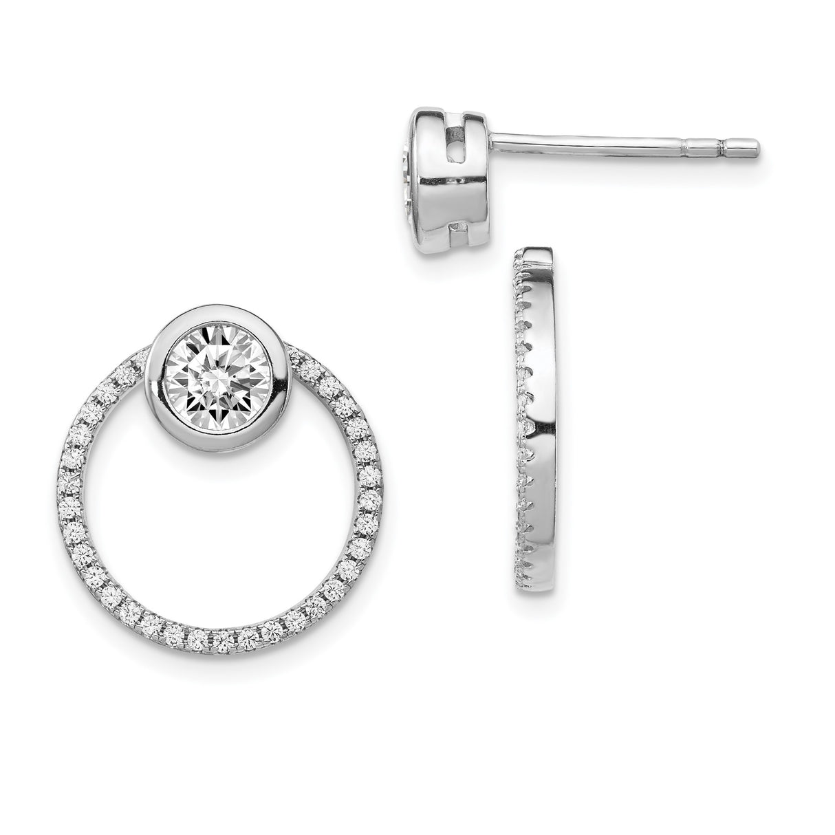 Sterling Silver Circle Stud Earrings with Cubic Zirconia Center and Pavé CZ Design