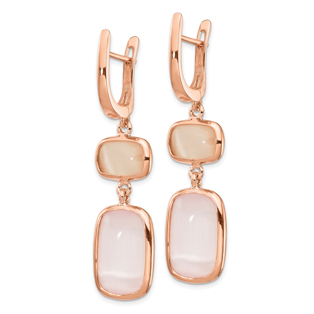 Sterling Silver Drop Earrings with Cats Eye Cabochon, Rose Gold Two-Tone, Modern Dangle Style