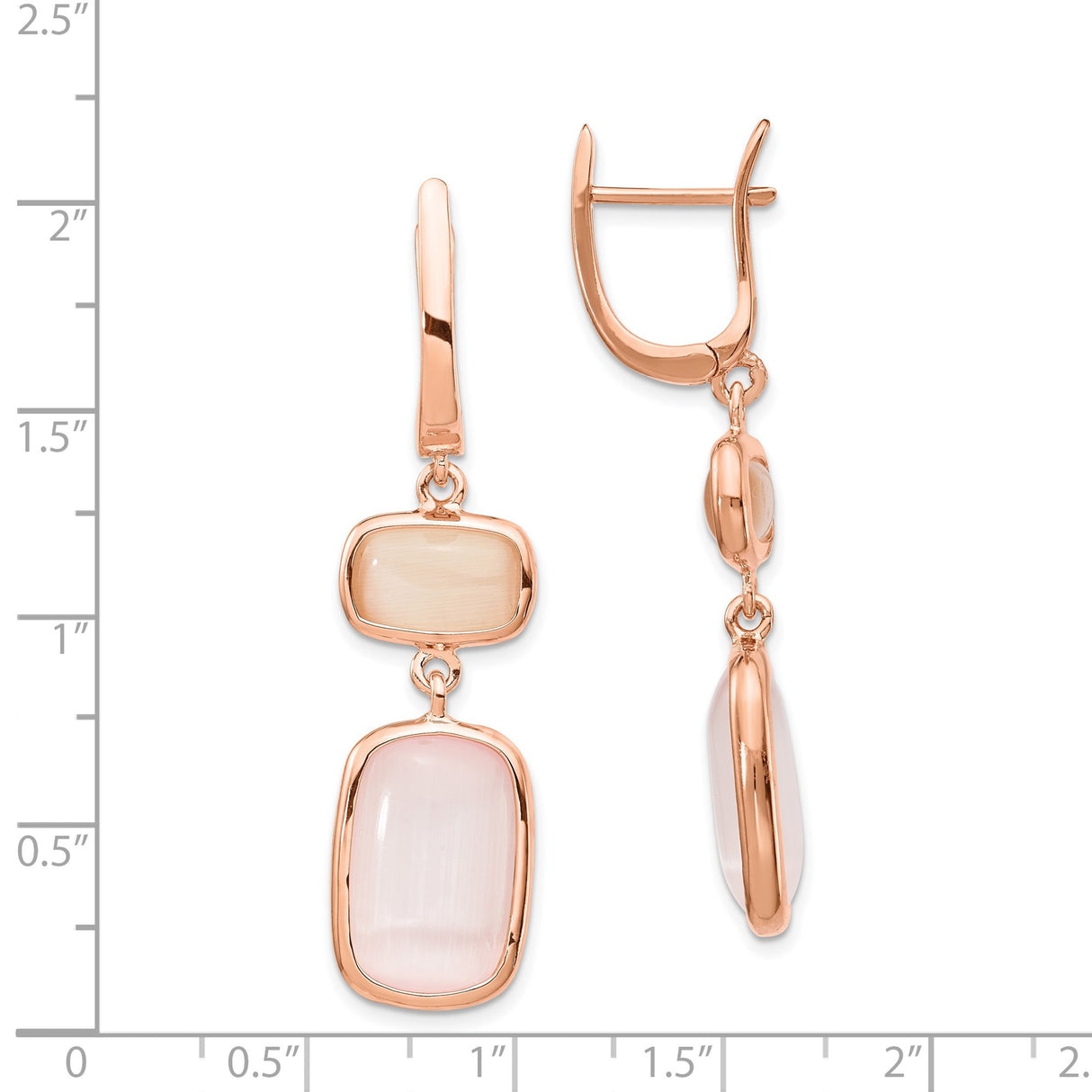 Sterling Silver Drop Earrings with Cats Eye Cabochon, Rose Gold Two-Tone, Modern Dangle Style