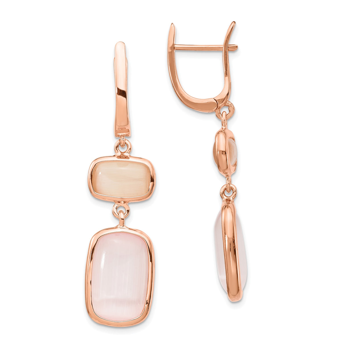 Sterling Silver Drop Earrings with Cats Eye Cabochon, Rose Gold Two-Tone, Modern Dangle Style