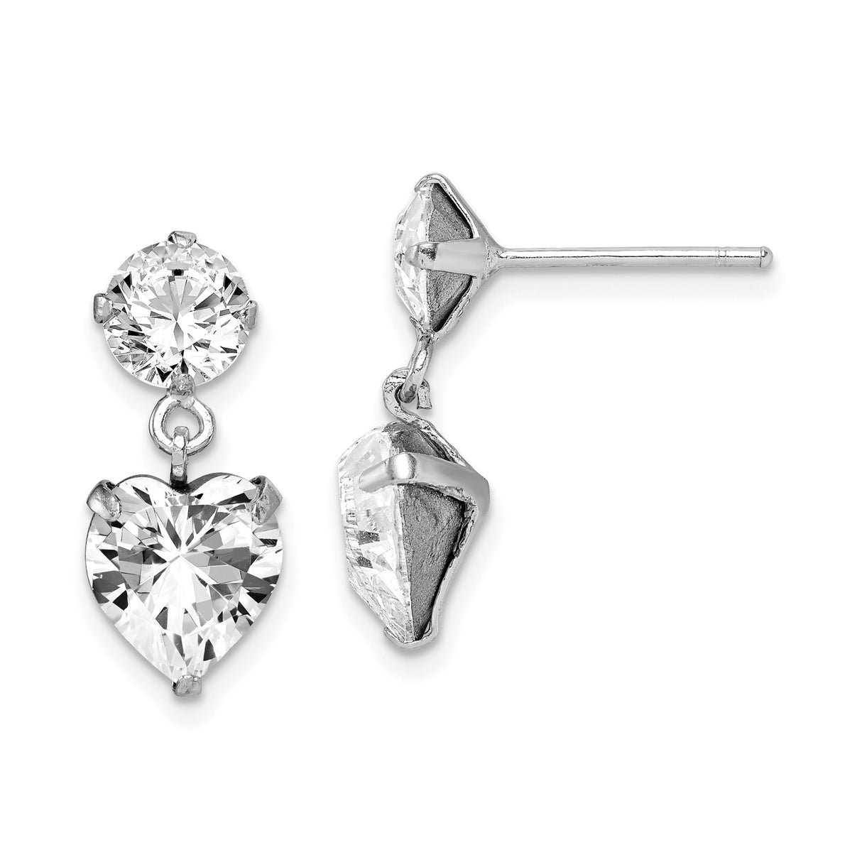 Sterling Silver Dangle Earrings with Heart and Round Cubic Zirconia, Romantic Drop Design for Women