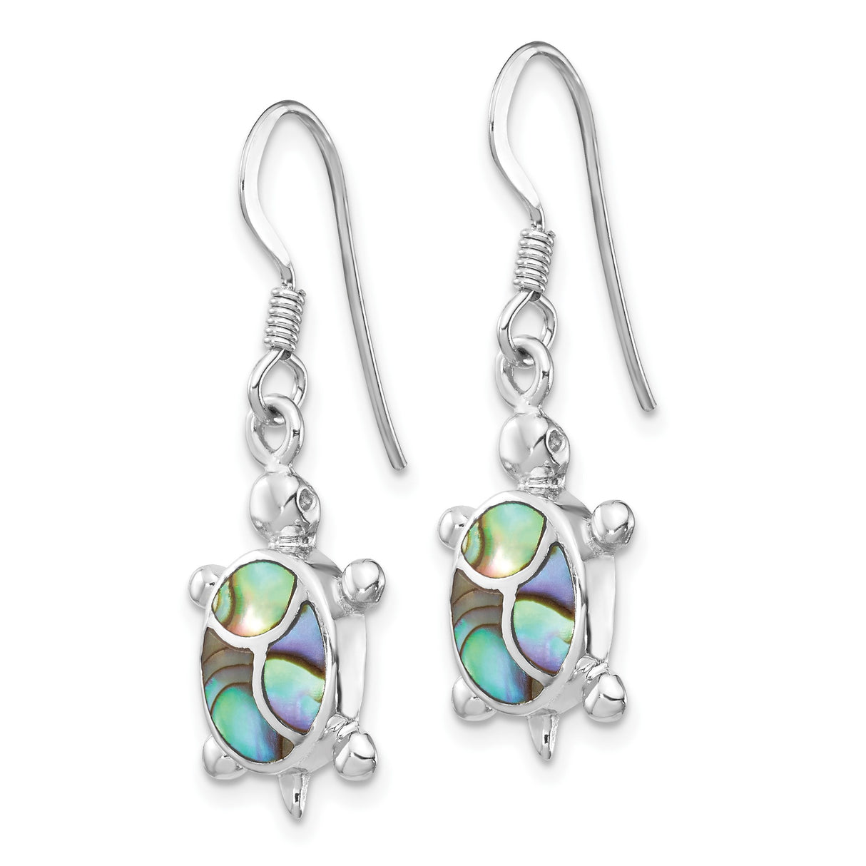 Sterling Silver Turtle Dangle Earrings with Abalone Shell Inlay, Ocean Theme Jewelry for Women