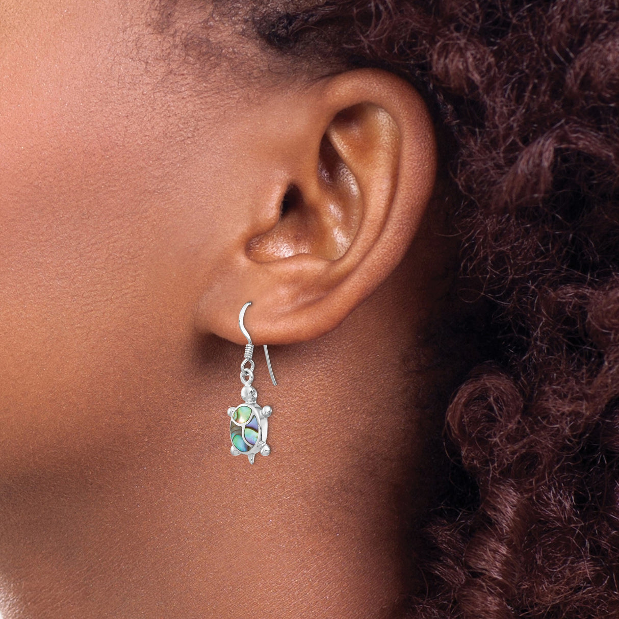 Sterling Silver Turtle Dangle Earrings with Abalone Shell Inlay, Ocean Theme Jewelry for Women