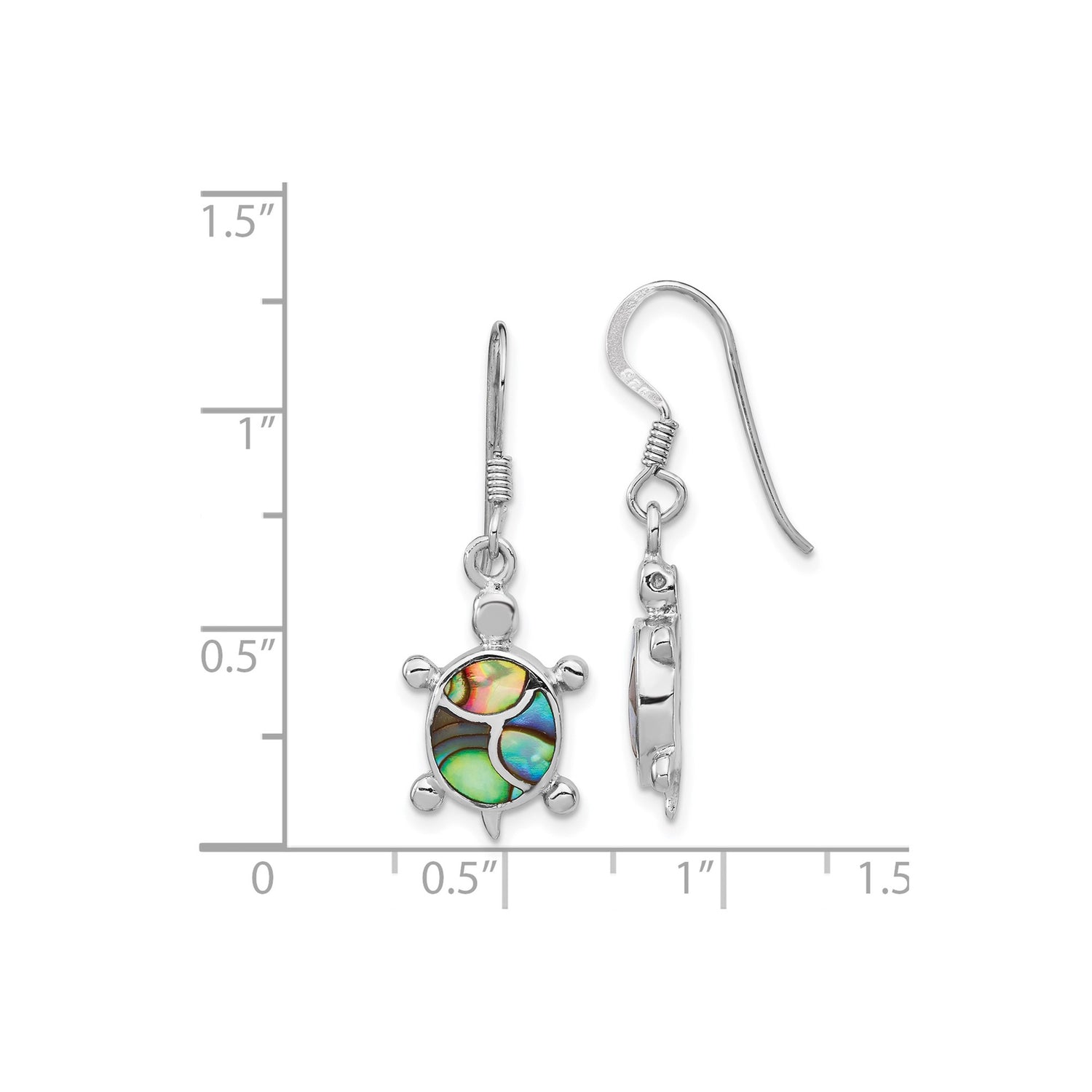 Sterling Silver Turtle Dangle Earrings with Abalone Shell Inlay, Ocean Theme Jewelry for Women