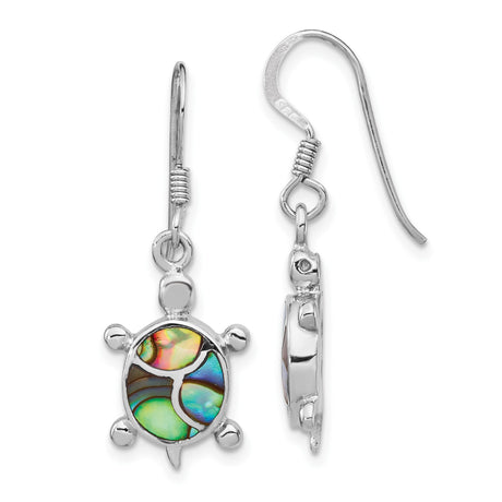 Sterling Silver Turtle Dangle Earrings with Abalone Shell Inlay, Ocean Theme Jewelry for Women
