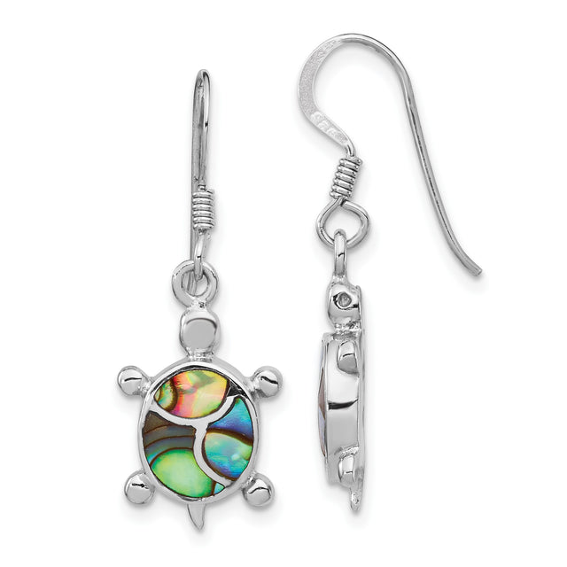 Sterling Silver Turtle Dangle Earrings with Abalone Shell Inlay, Ocean Theme Jewelry for Women