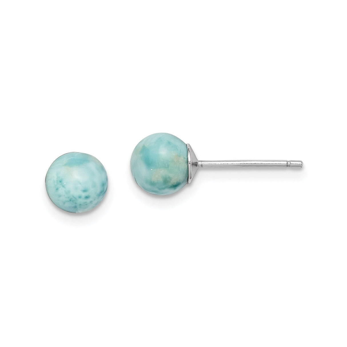 Sterling Silver Larimar Stud Earrings, Round Blue and White Gemstone, Coastal Style Jewelry