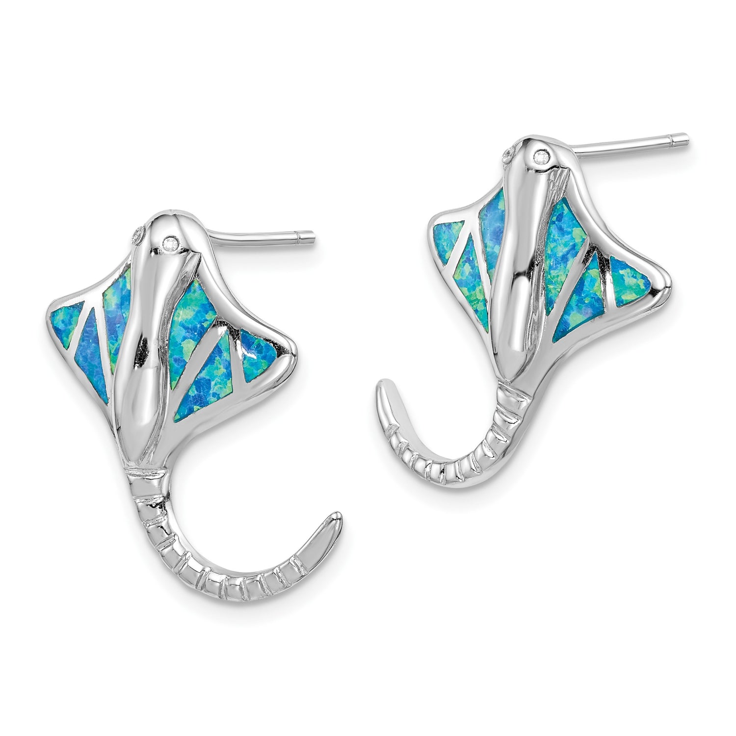Sterling Silver Stingray Stud Earrings with Created Opal, Ocean Animal Coastal Jewelry