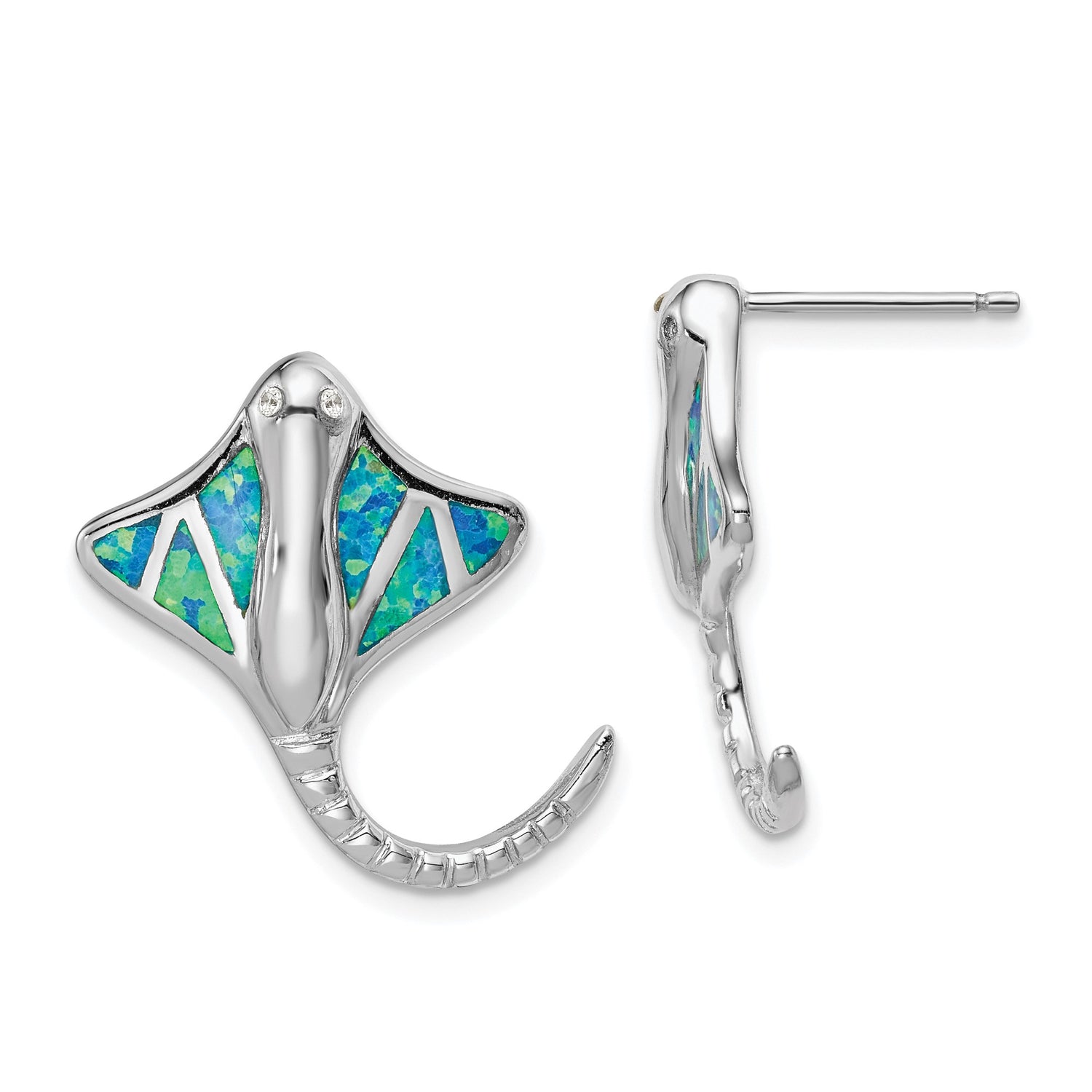 Sterling Silver Stingray Stud Earrings with Created Opal, Ocean Animal Coastal Jewelry