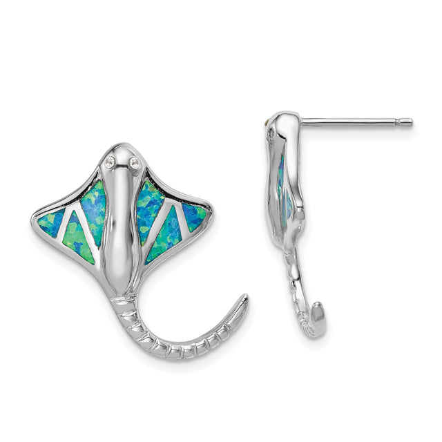 Sterling Silver Stingray Stud Earrings with Created Opal, Ocean Animal Coastal Jewelry