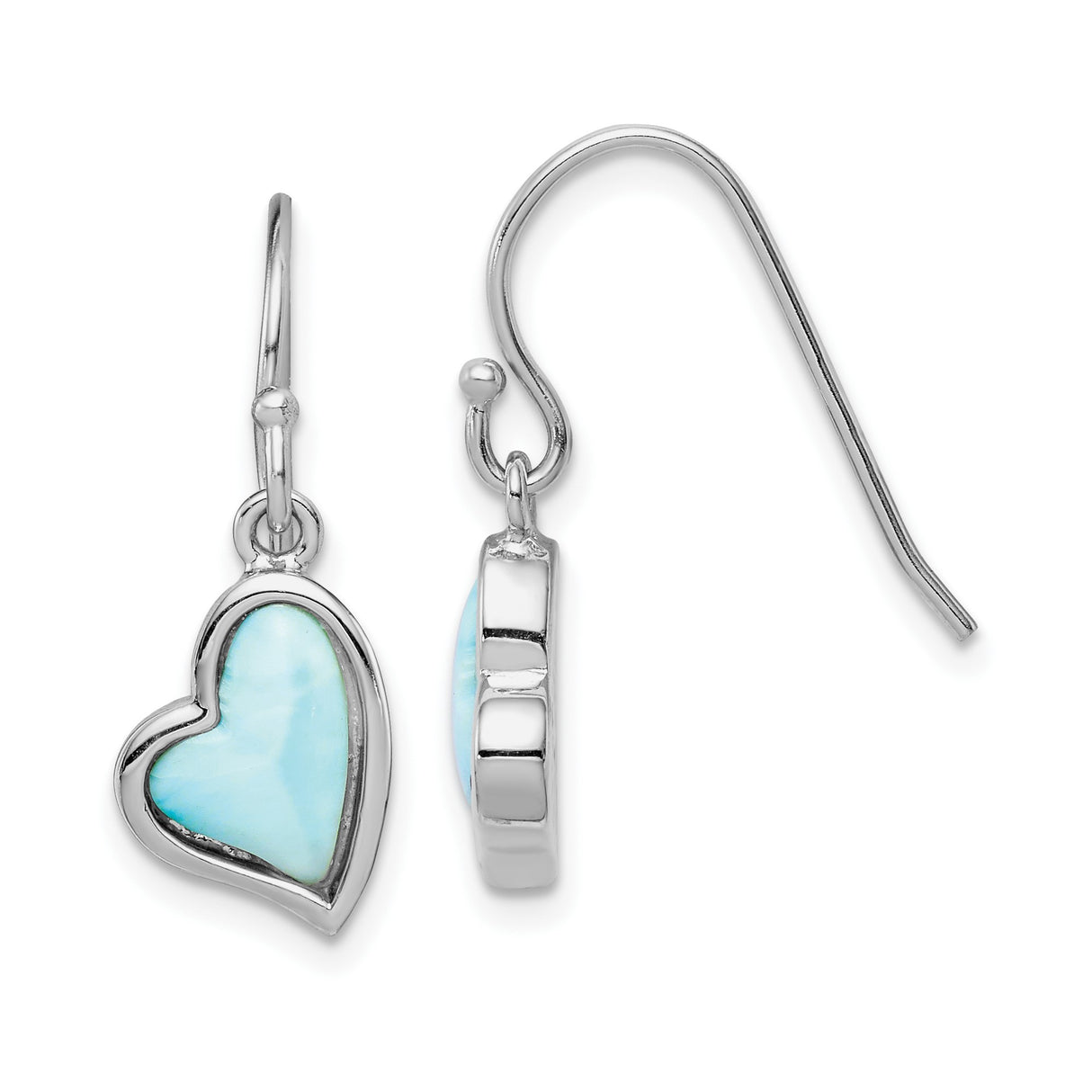 Sterling Silver Heart Drop Earrings with Light Blue Gemstone Inlay, Romantic Dangle Design for Women