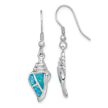 Sterling Silver Conch Shell Drop Earrings with Created Blue Opal, Ocean Inspired Design