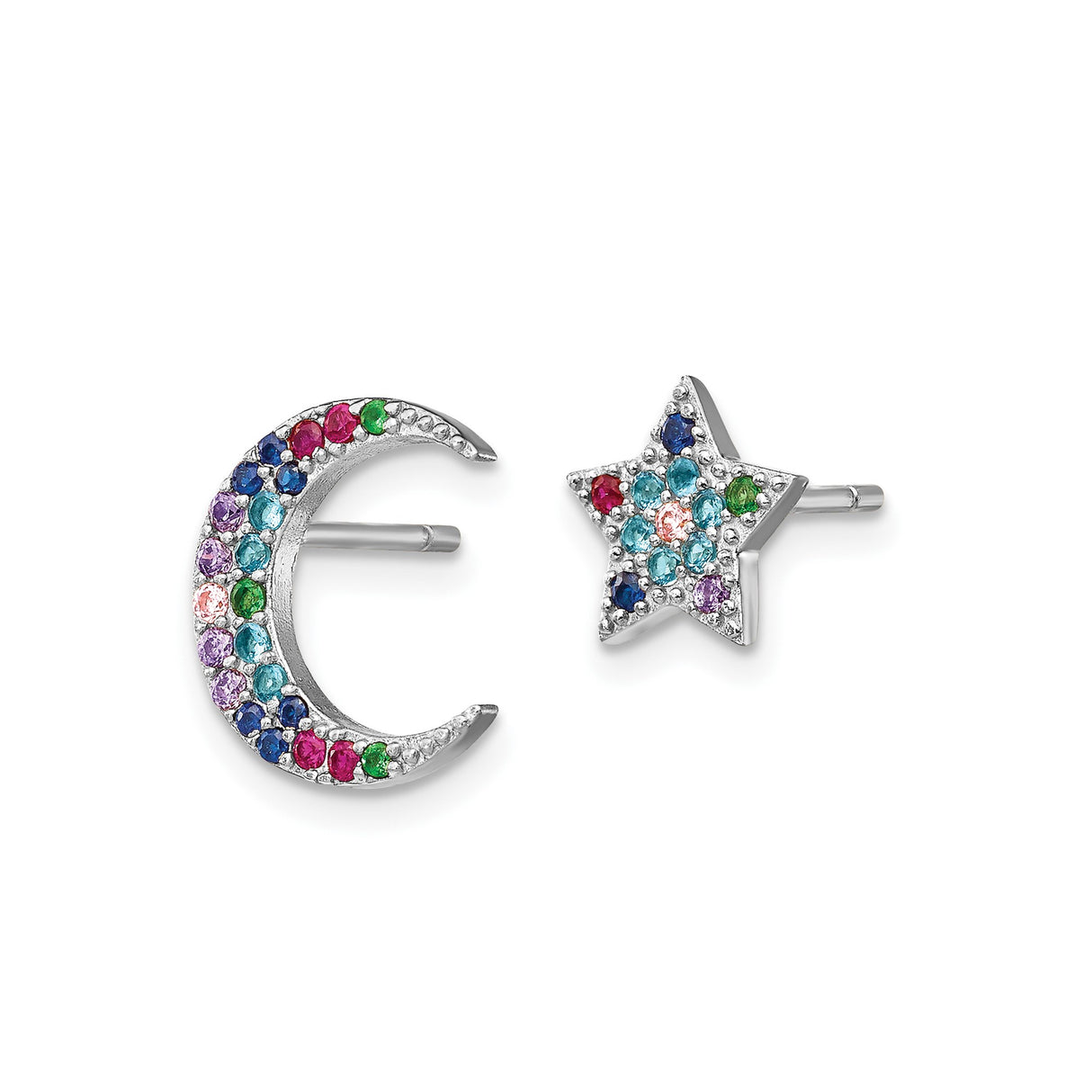 Sterling Silver Mismatched Moon and Star Stud Earrings with Cubic Zirconia, Celestial Style