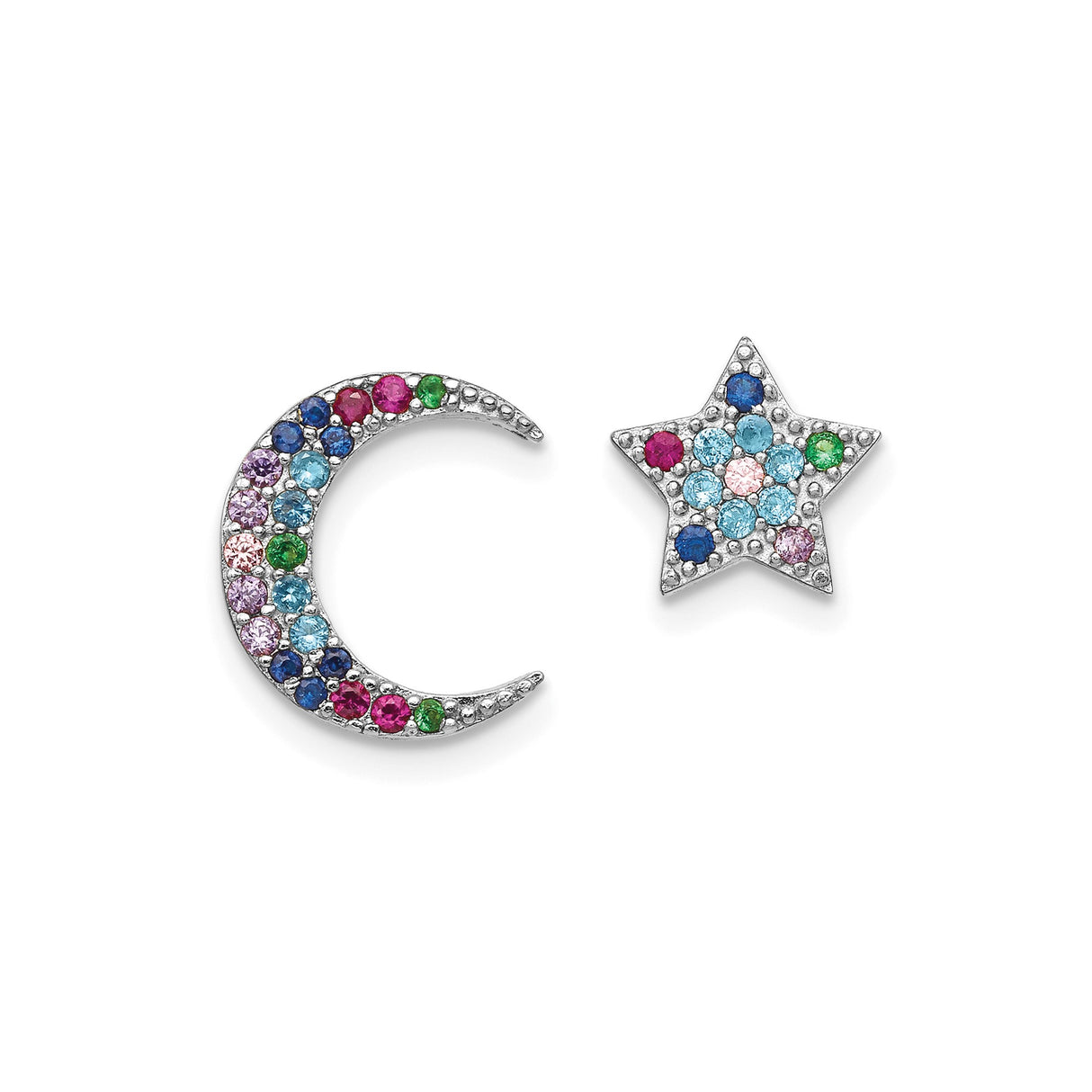 Sterling Silver Mismatched Moon and Star Stud Earrings with Cubic Zirconia, Celestial Style