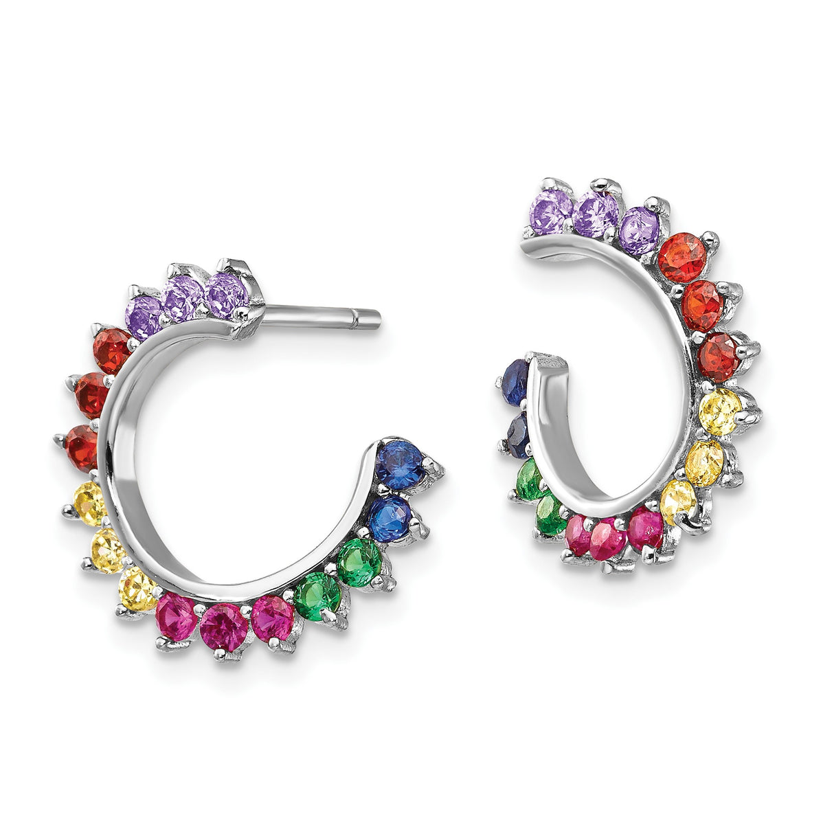 Sterling Silver Hoop Earrings with Multicolor Cubic Zirconia, Rainbow Pride Design for Women