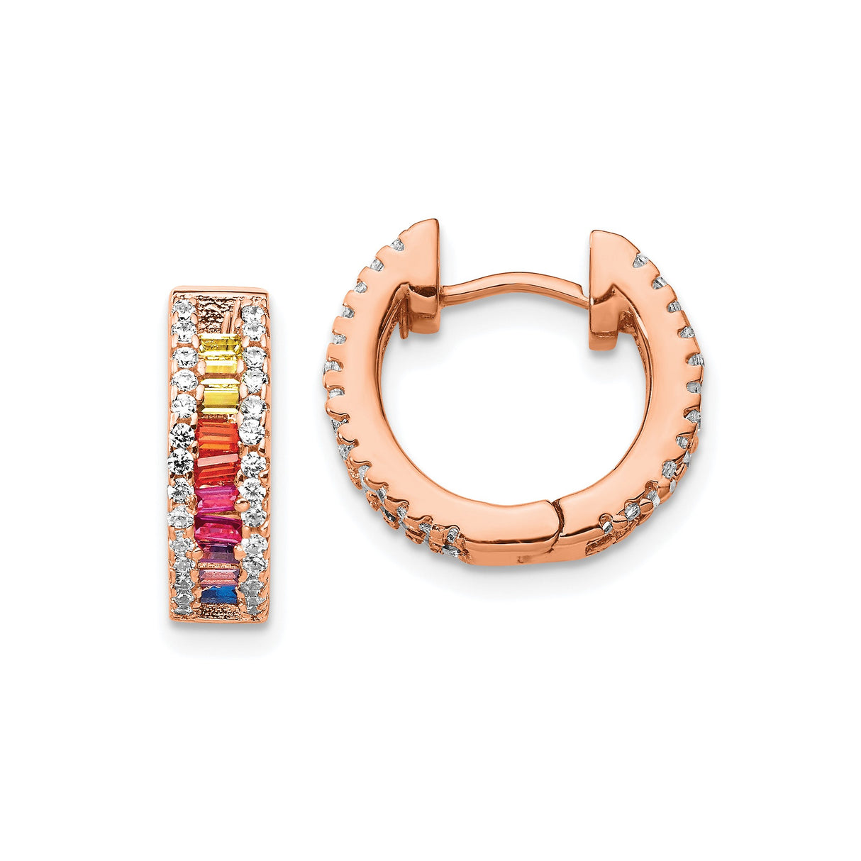 Sterling Silver Hoop Earrings with Multicolor Baguette Cubic Zirconia and Clear Crystals