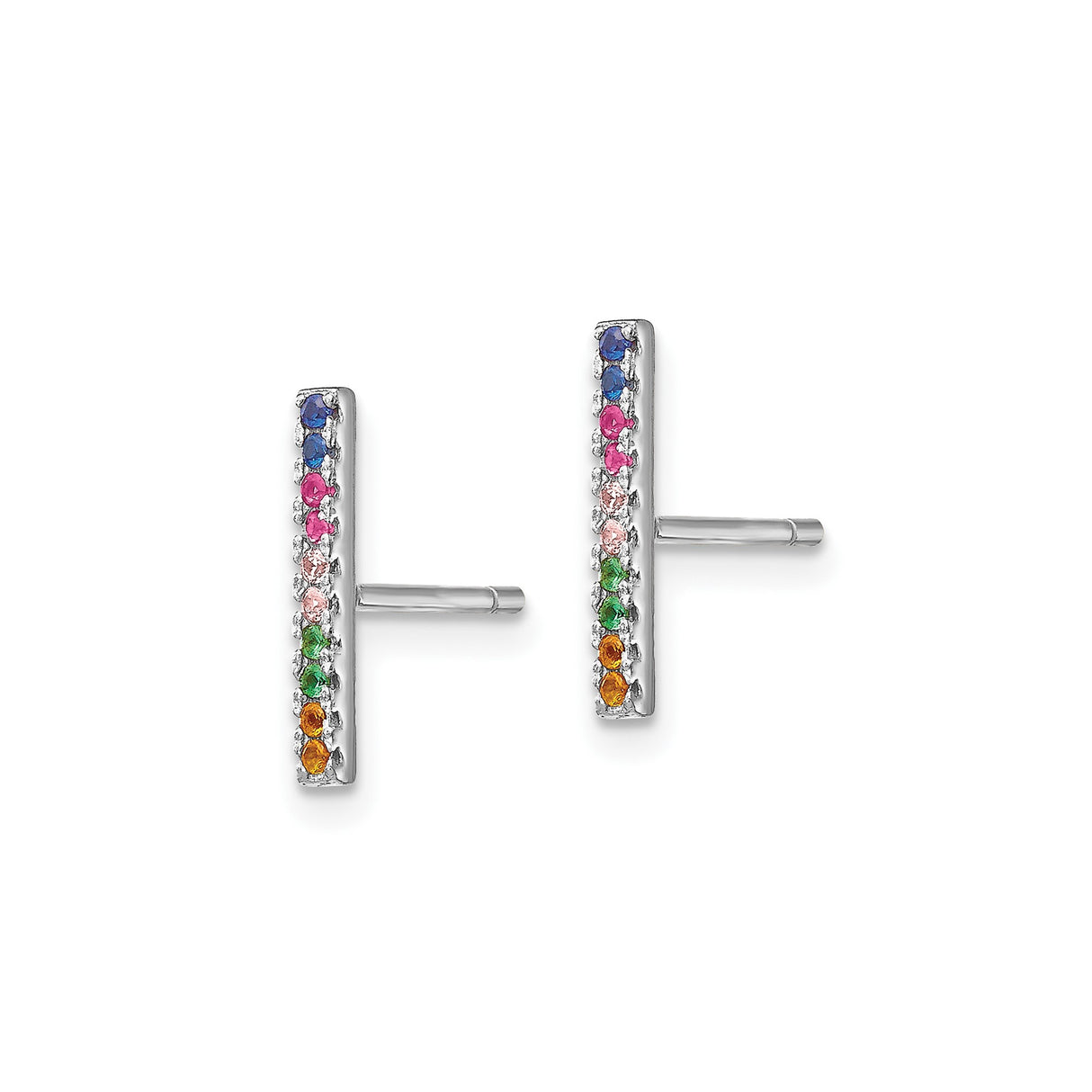 Sterling Silver Bar Stud Earrings with Multicolor Cubic Zirconia, Minimalist Rainbow Design