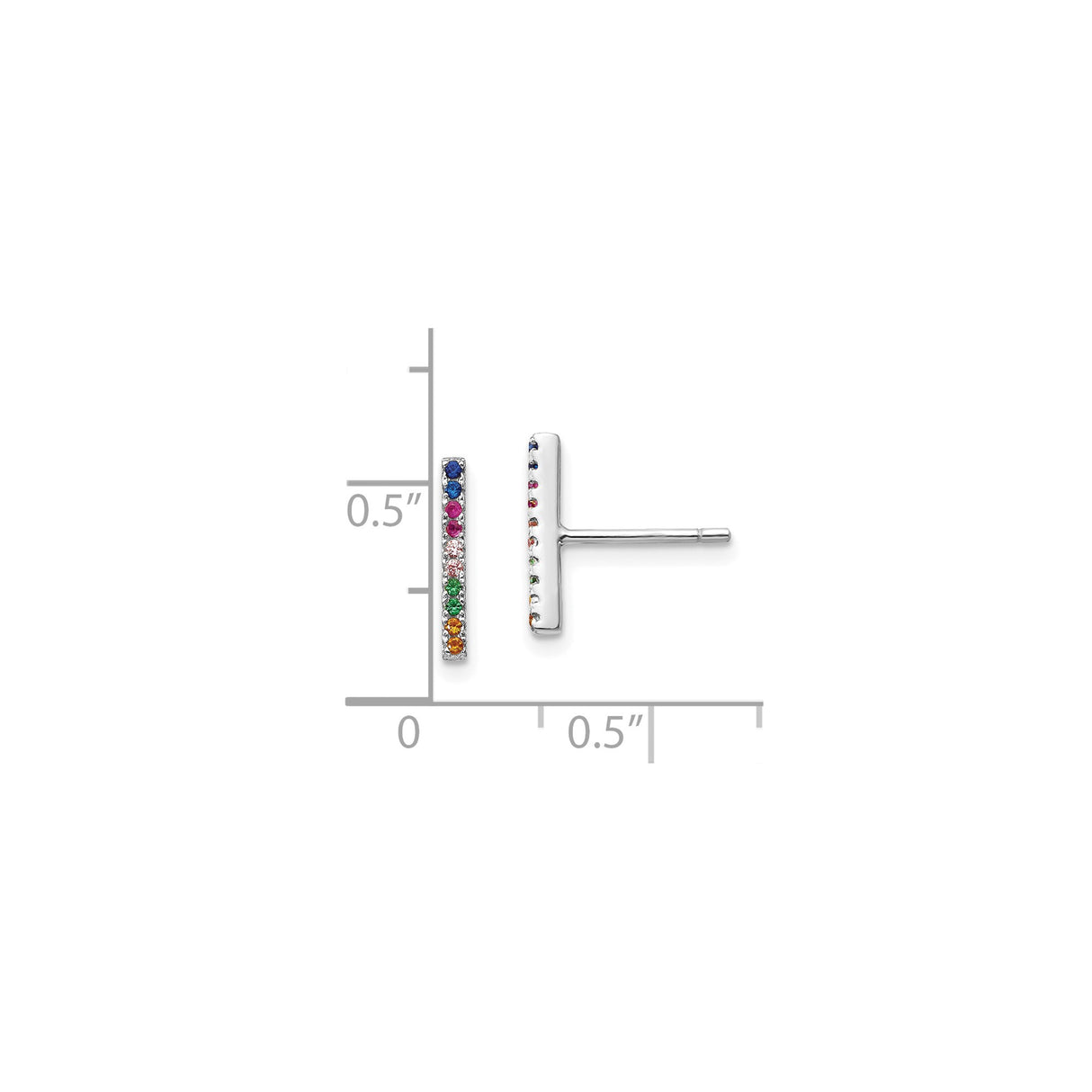 Sterling Silver Bar Stud Earrings with Multicolor Cubic Zirconia, Minimalist Rainbow Design