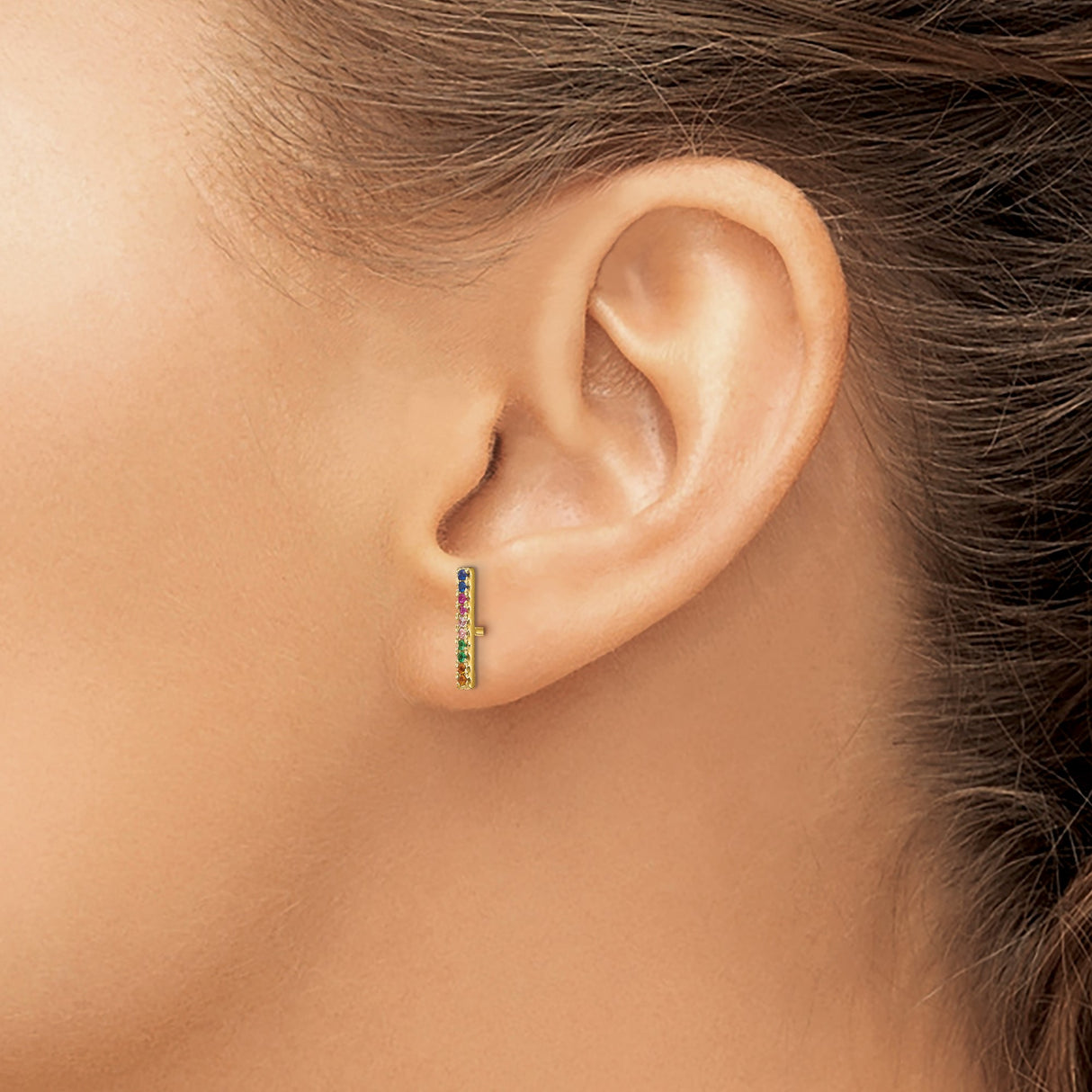 Sterling Silver Bar Stud Earrings with Multicolor Cubic Zirconia, Minimalist Rainbow Design