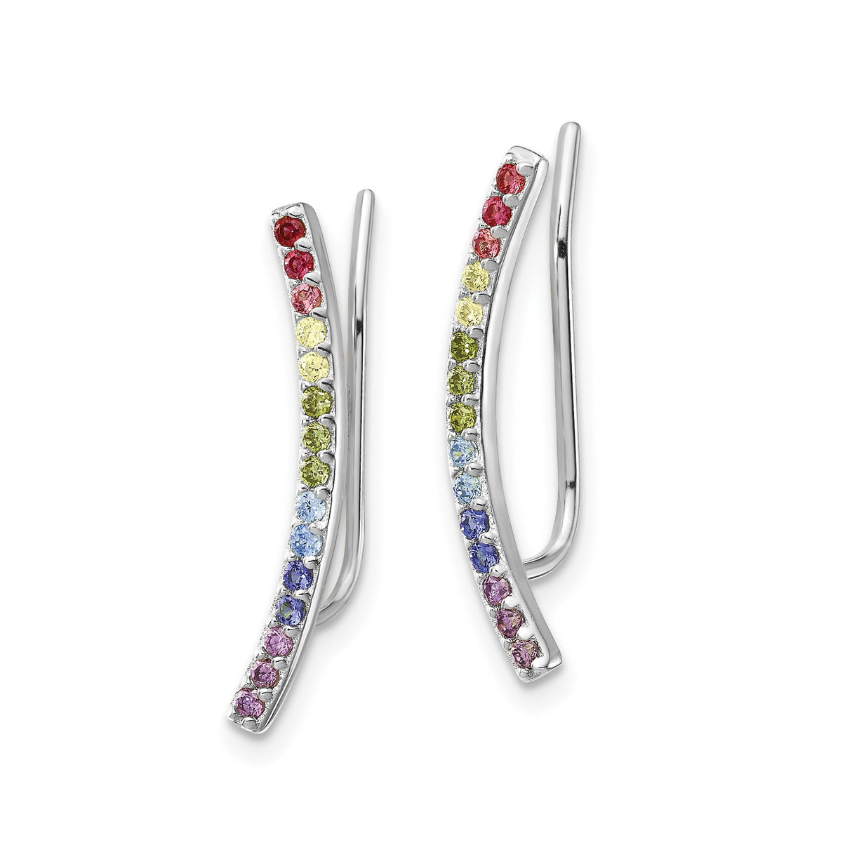 Sterling Silver Ear Climbers with Cubic Zirconia, Curved Rainbow Gradient Style Earrings