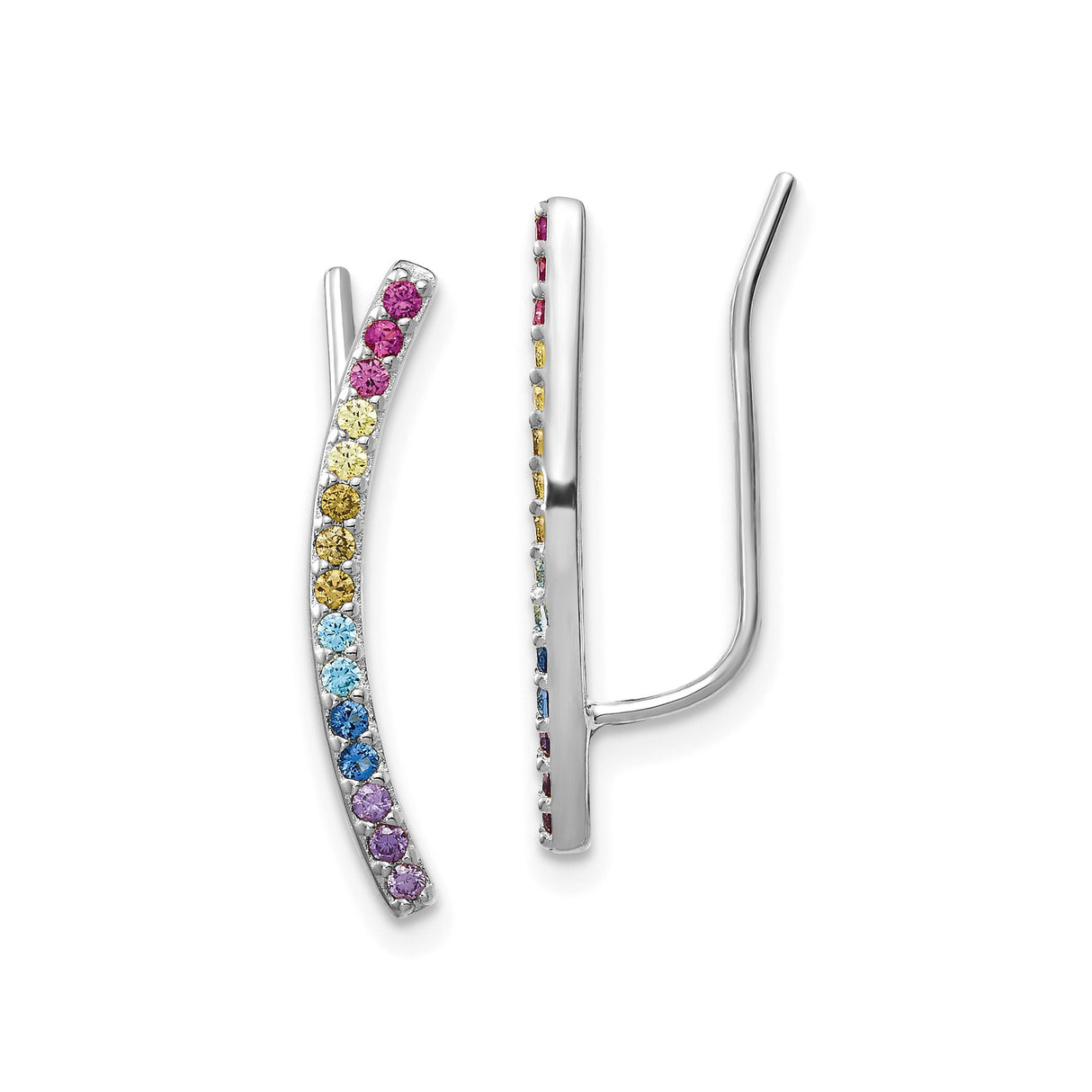 Sterling Silver Ear Climbers with Cubic Zirconia, Curved Rainbow Gradient Style Earrings