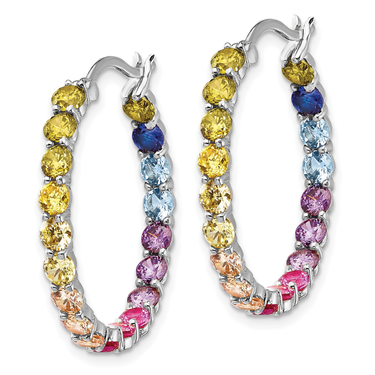 Sterling Silver Hoop Earrings with Multicolor Cubic Zirconia, Rainbow Graduated Design