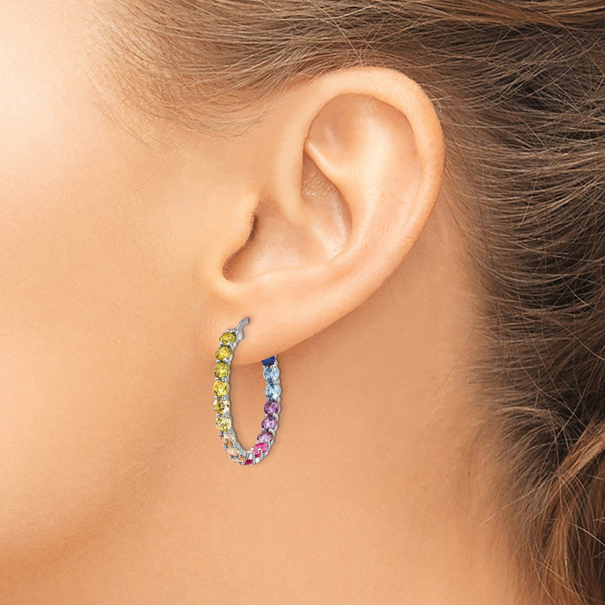 Sterling Silver Hoop Earrings with Multicolor Cubic Zirconia, Rainbow Graduated Design