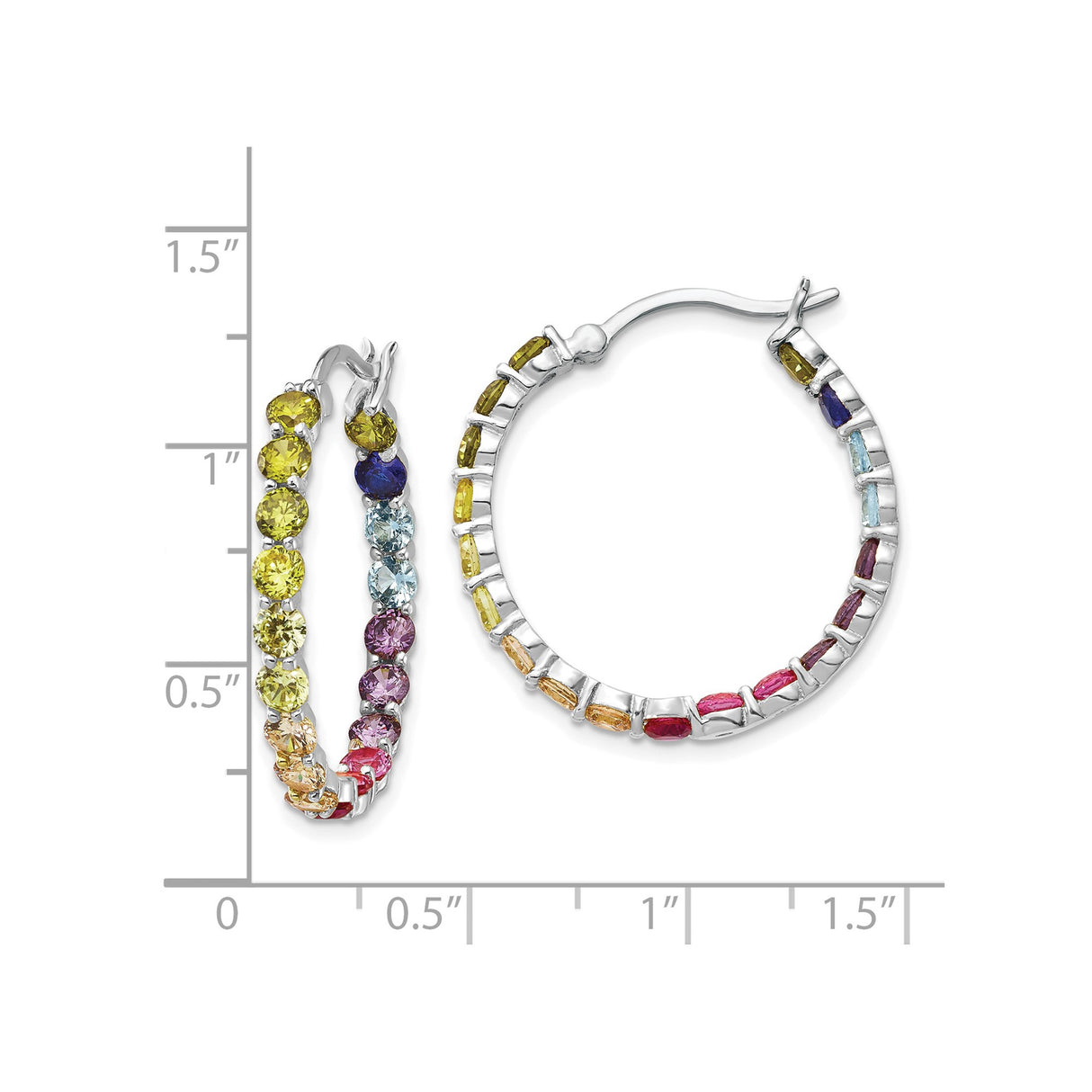 Sterling Silver Hoop Earrings with Multicolor Cubic Zirconia, Rainbow Graduated Design