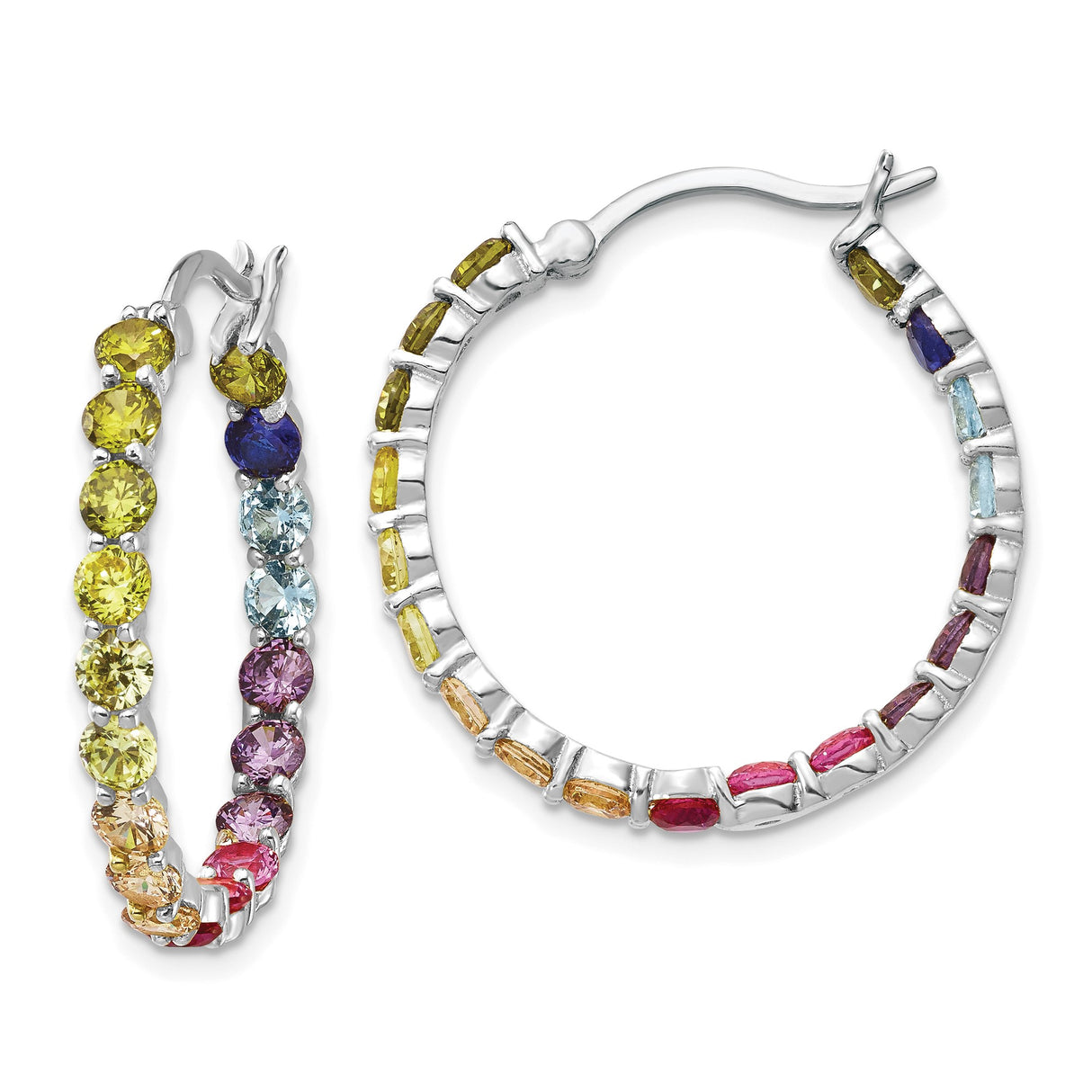 Sterling Silver Hoop Earrings with Multicolor Cubic Zirconia, Rainbow Graduated Design