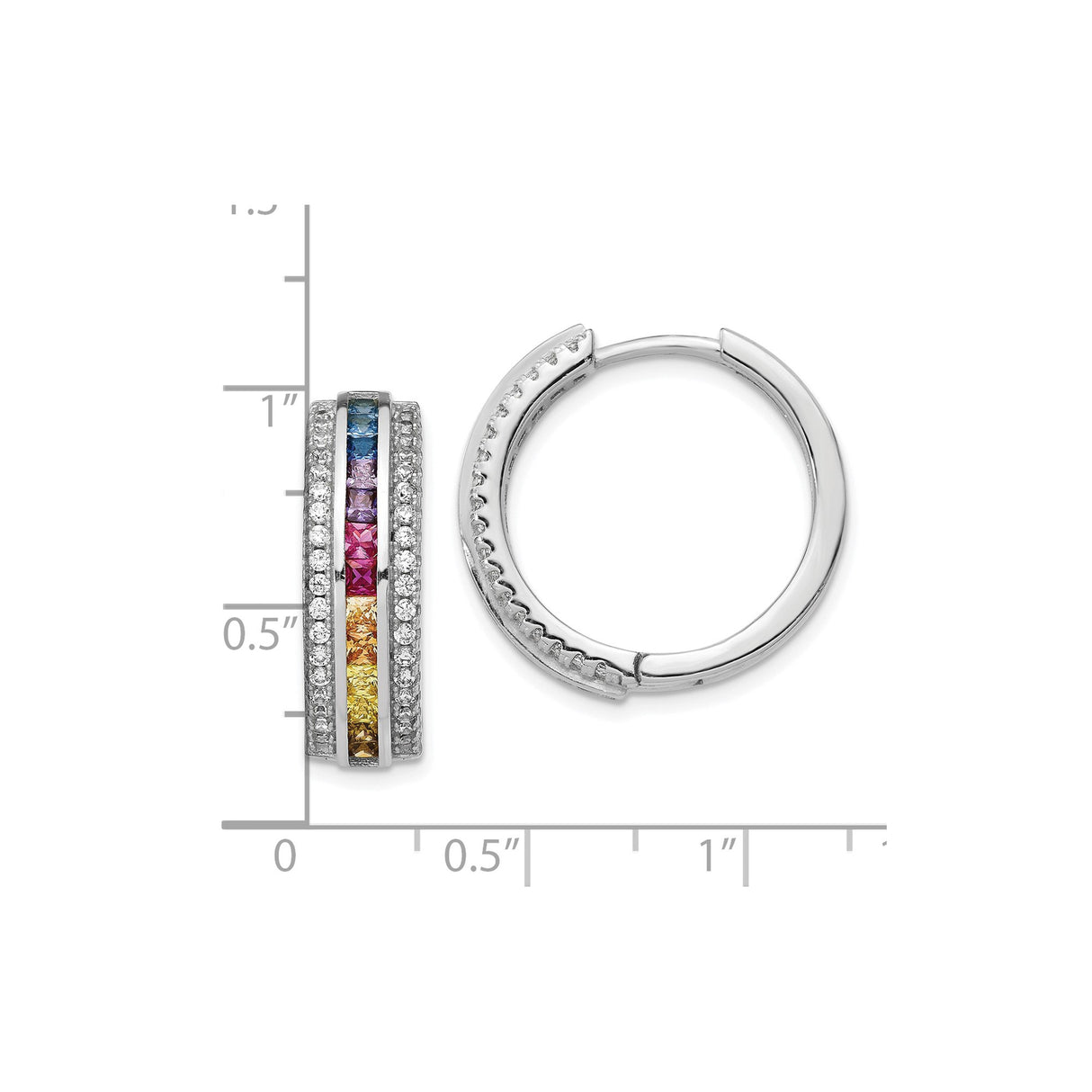 Sterling Silver Hoop Earrings with Rainbow Gemstones and Cubic Zirconia, Rhodium Plated