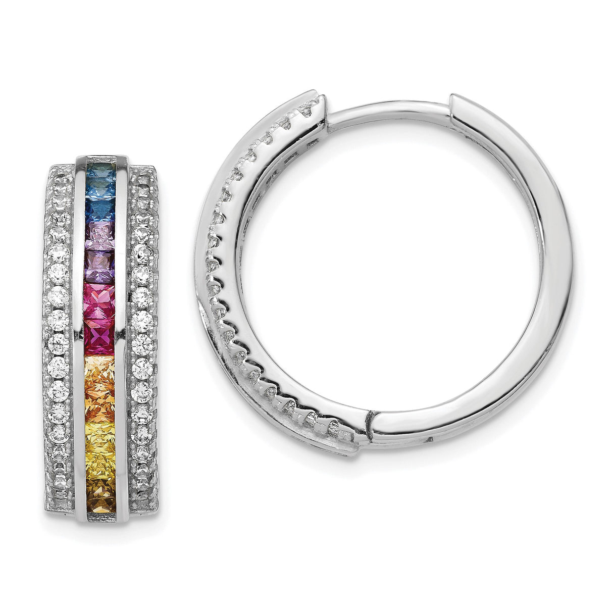 Sterling Silver Hoop Earrings with Rainbow Gemstones and Cubic Zirconia, Rhodium Plated