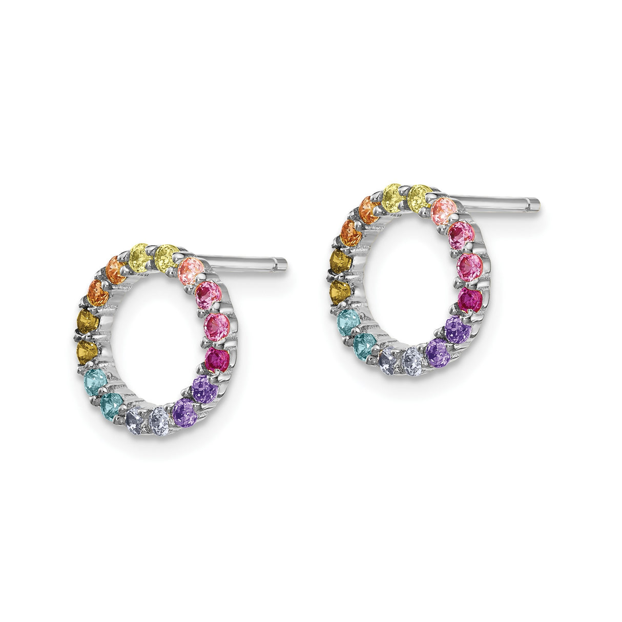 Sterling Silver Open Circle Stud Earrings with Multicolor Cubic Zirconia, Rainbow Pride Theme