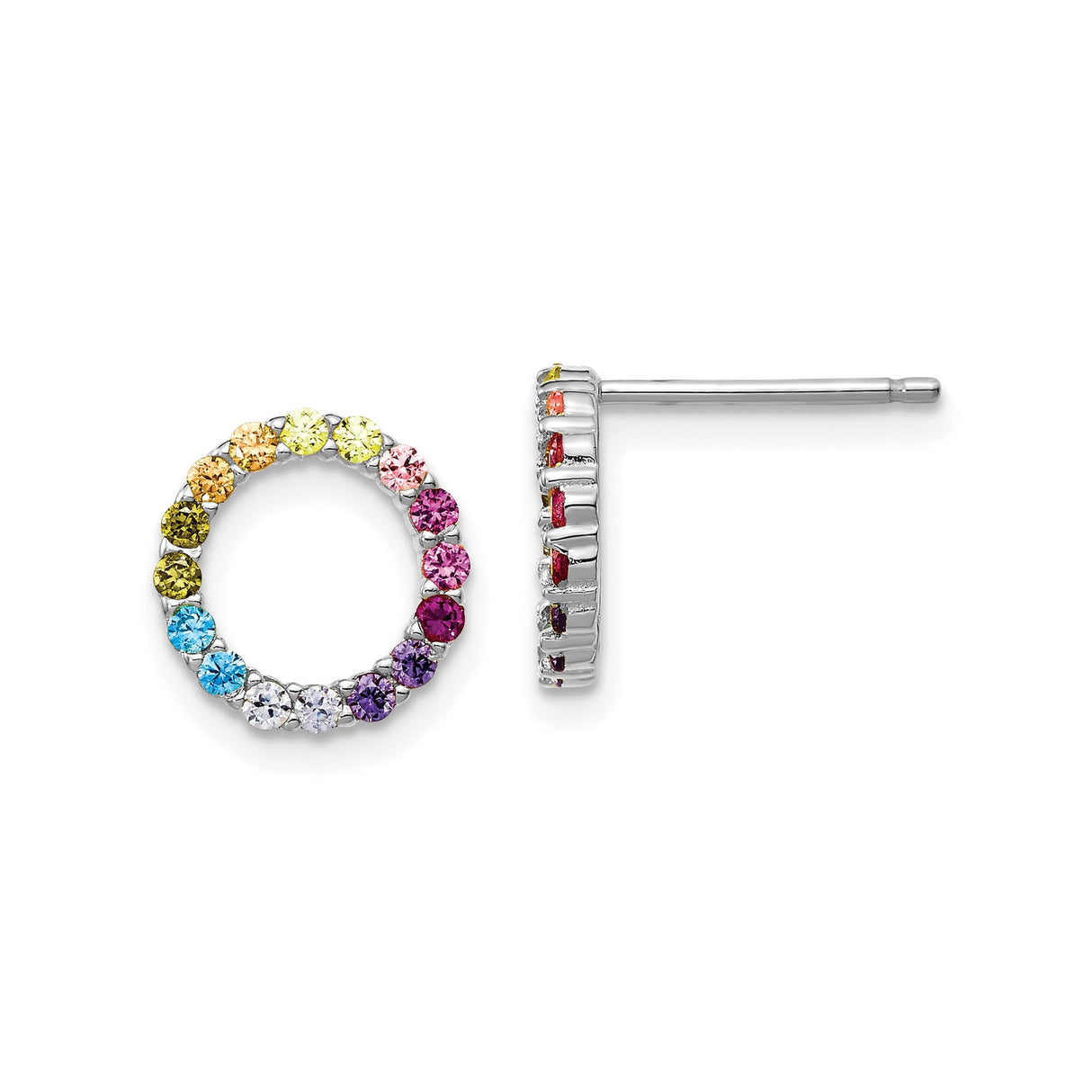 Sterling Silver Open Circle Stud Earrings with Multicolor Cubic Zirconia, Rainbow Pride Theme