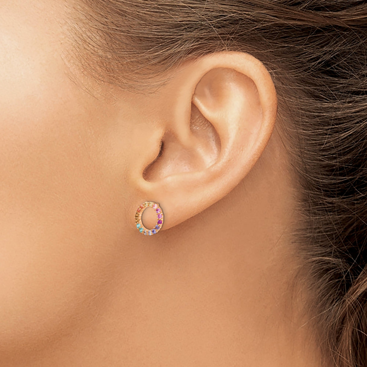 Sterling Silver Rose Gold Plated Open Circle Stud Earrings with Multicolor Cubic Zirconia