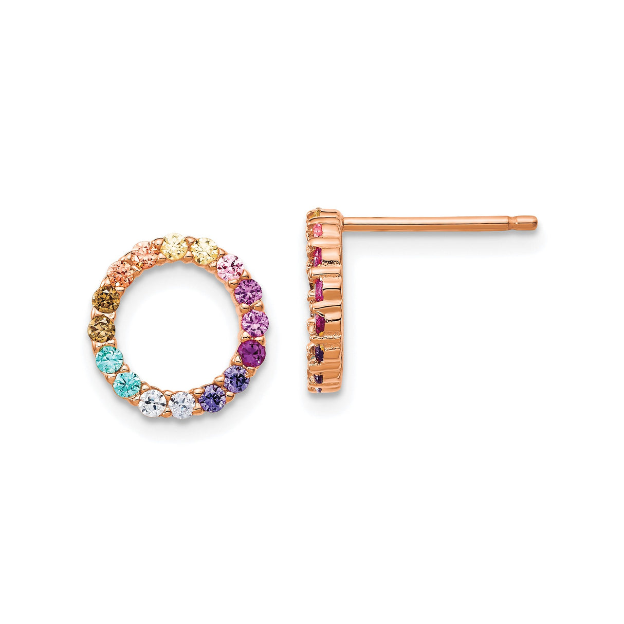 Sterling Silver Rose Gold Plated Open Circle Stud Earrings with Multicolor Cubic Zirconia