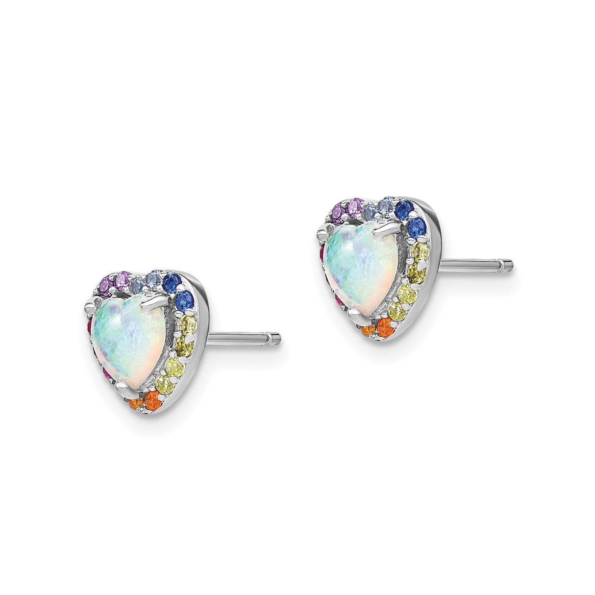 Sterling Silver Heart Stud Earrings with Lab Created Opal and Cubic Zirconia Rainbow Accents