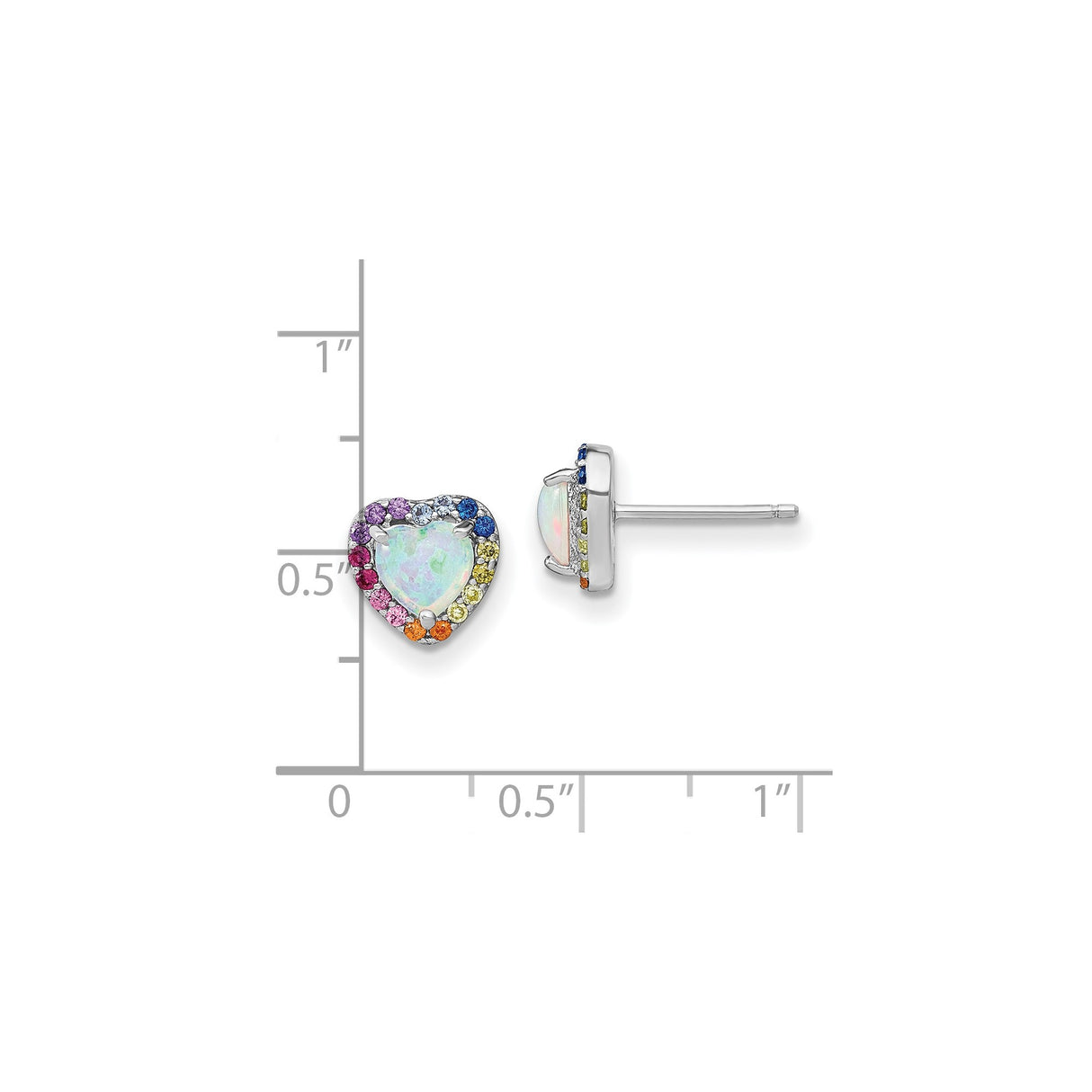 Sterling Silver Heart Stud Earrings with Lab Created Opal and Cubic Zirconia Rainbow Accents