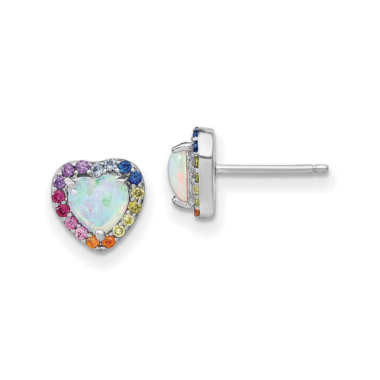 Sterling Silver Heart Stud Earrings with Lab Created Opal and Cubic Zirconia Rainbow Accents