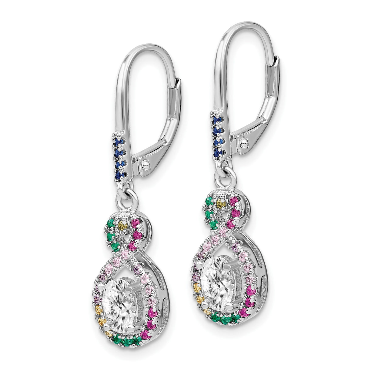 Sterling Silver Infinity Dangle Earrings with Multicolor Cubic Zirconia and Clear Oval Center Stone