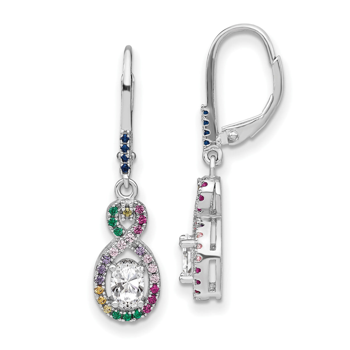 Sterling Silver Infinity Dangle Earrings with Multicolor Cubic Zirconia and Clear Oval Center Stone