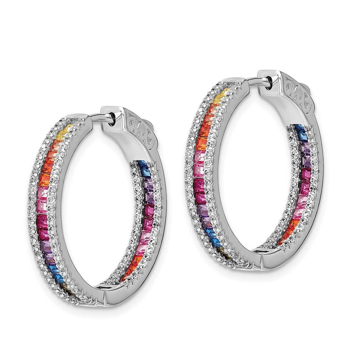 Sterling Silver Hoop Earrings with Double Row Multicolor Cubic Zirconia, Pave Accents