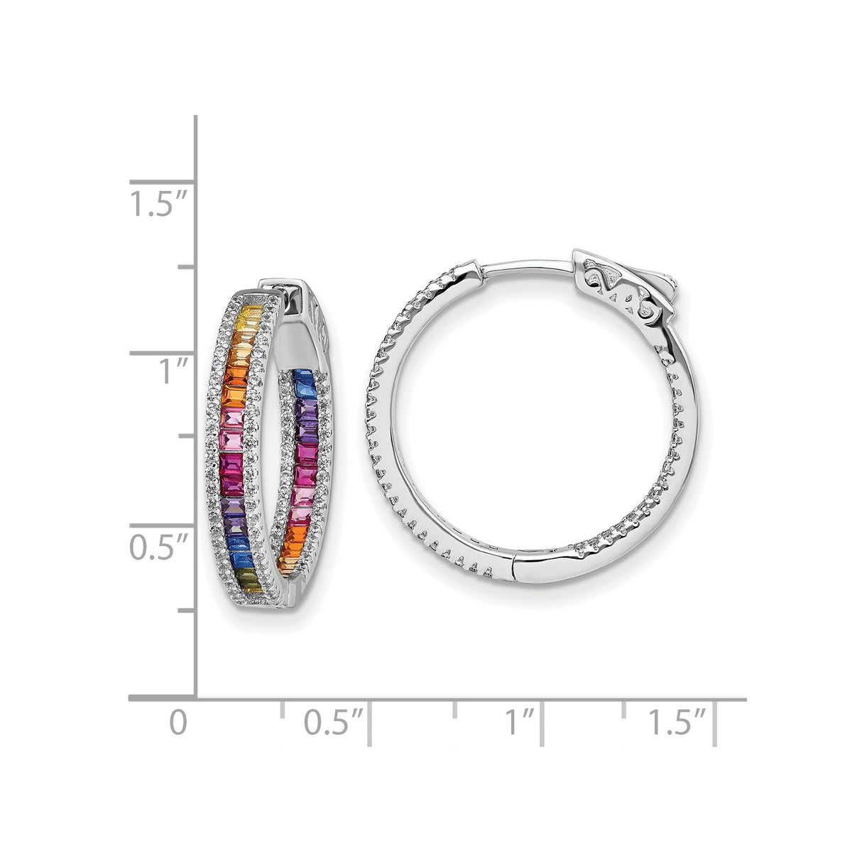 Sterling Silver Hoop Earrings with Double Row Multicolor Cubic Zirconia, Pave Accents