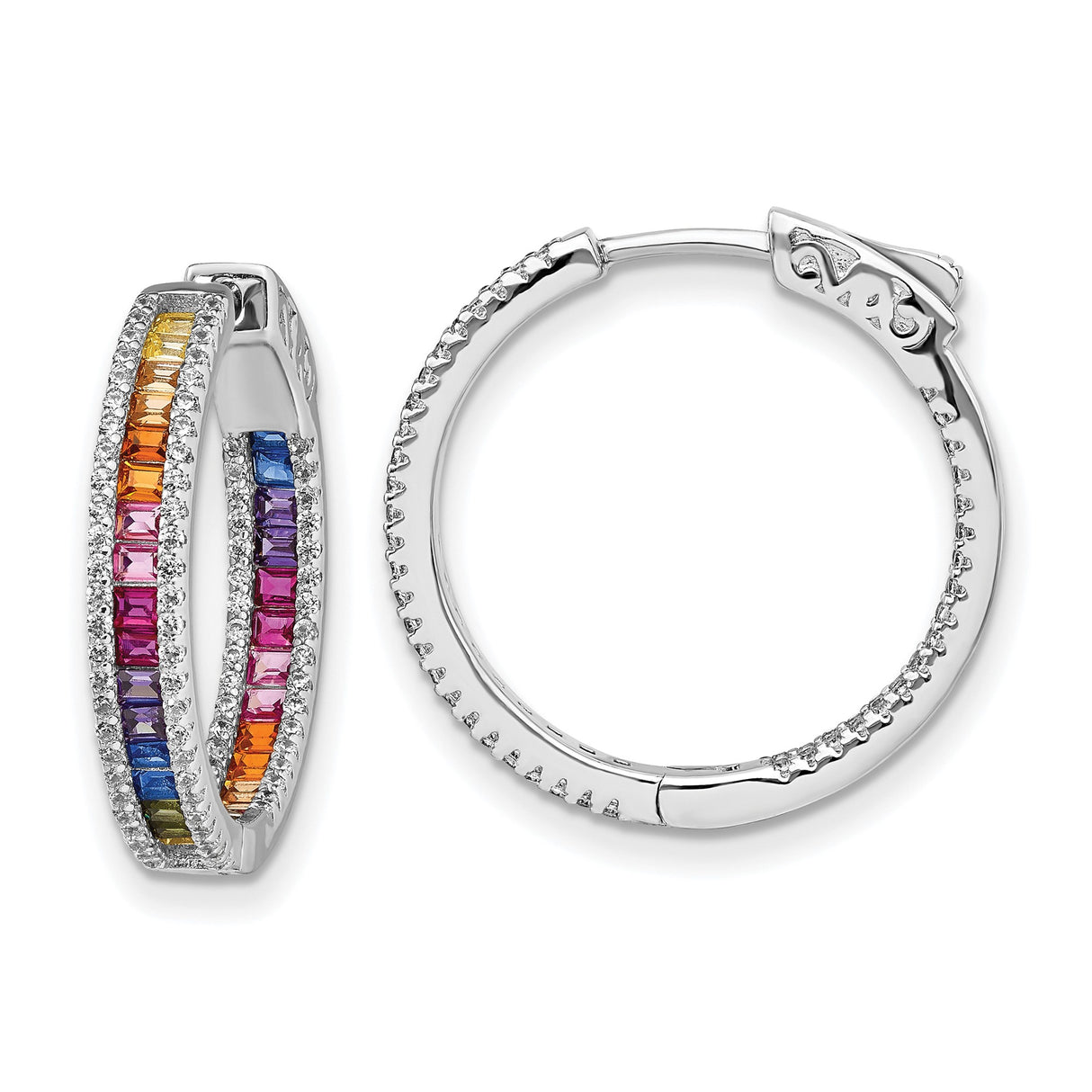 Sterling Silver Hoop Earrings with Double Row Multicolor Cubic Zirconia, Pave Accents