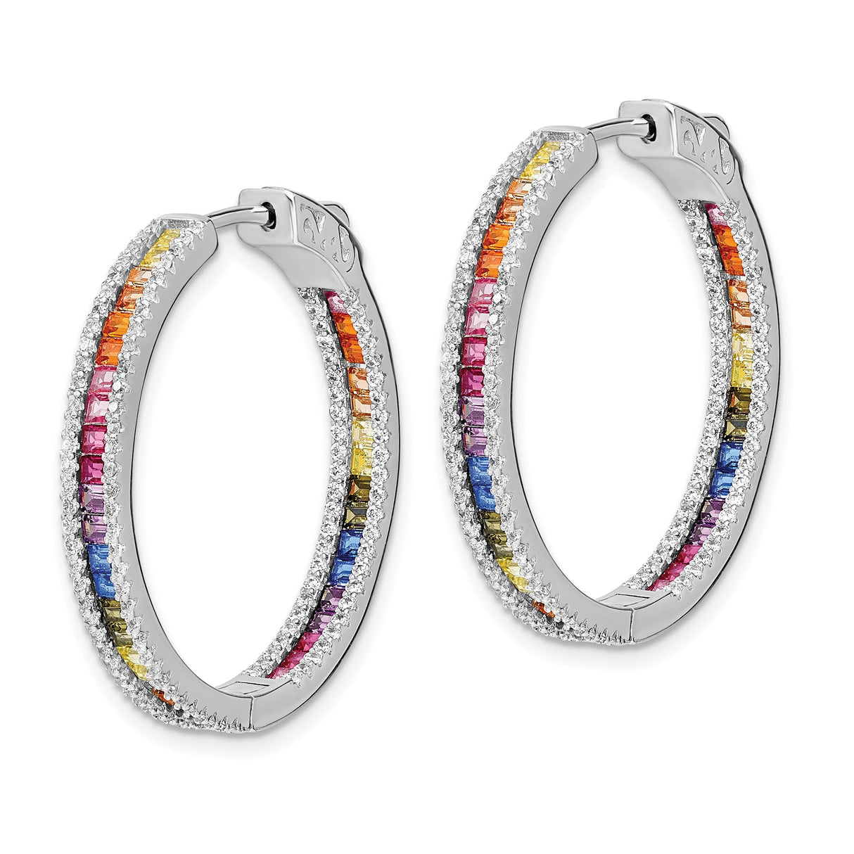 Sterling Silver Hoop Earrings with Baguette Cut Rainbow Cubic Zirconia, Rhodium Plated Pride Jewelry