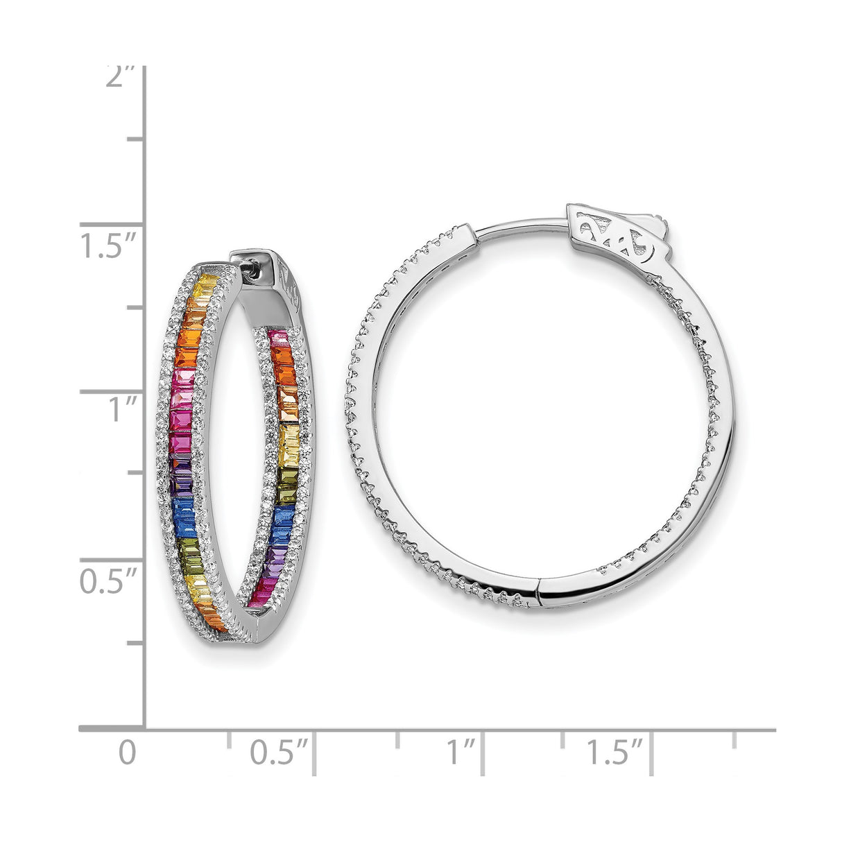 Sterling Silver Hoop Earrings with Baguette Cut Rainbow Cubic Zirconia, Rhodium Plated Pride Jewelry