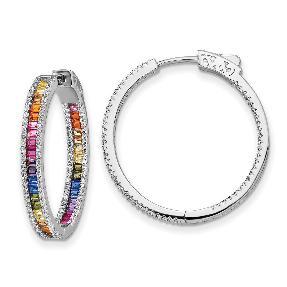 Sterling Silver Hoop Earrings with Baguette Cut Rainbow Cubic Zirconia, Rhodium Plated Pride Jewelry
