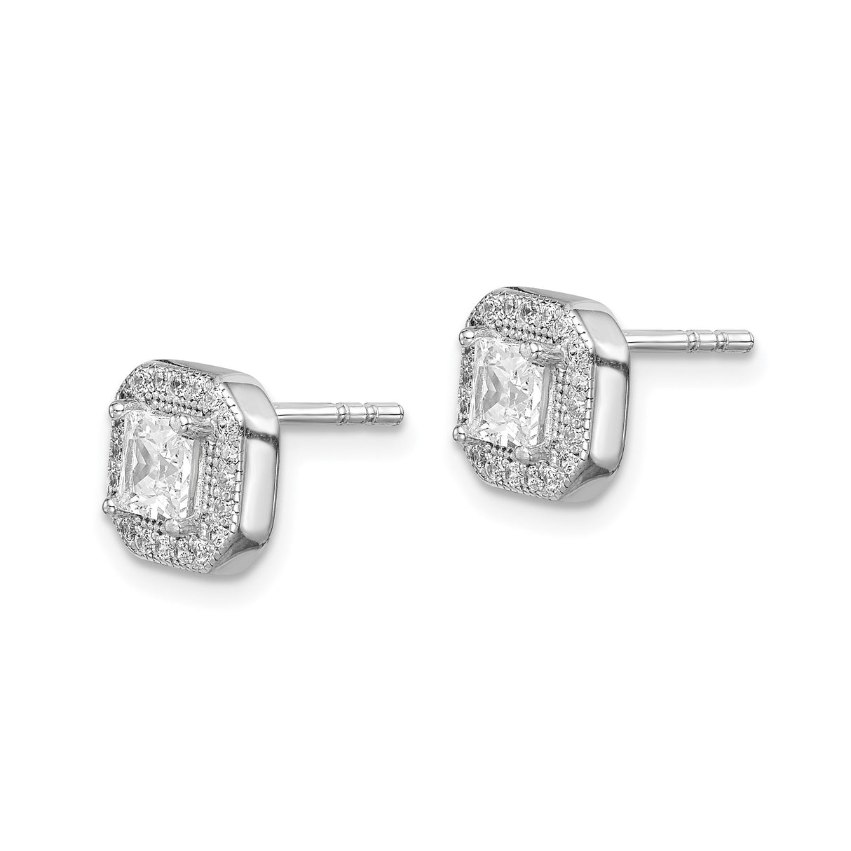 Sterling Silver Square Halo Stud Earrings with Princess Cut Cubic Zirconia